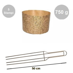 Kit spillone 4 punte in acciaio da 50 cm con 5 stampi panettone alto in carta da 750 g