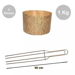 Kit spillone 4 punte da 50 cm in acciaio con 5 stampi panettone alto in carta da 1 Kg