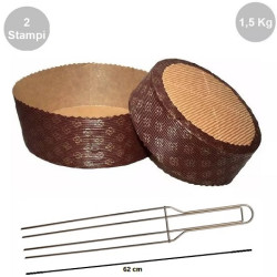 Kit spillone 4 punte 62 cm in acciaio con 2 stampi panettone basso in carta da 1500 g