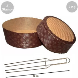 Kit spillone 4 punte da 62 cm in acciaio con 2 stampi panettone basso in carta 2 Kg