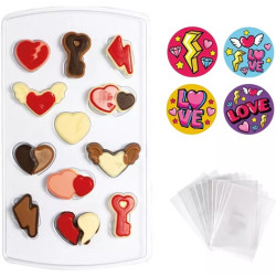 Kit stampo termoformato cuori Decora per 12 cioccolatini a forma di cuori chiavi e fulmini